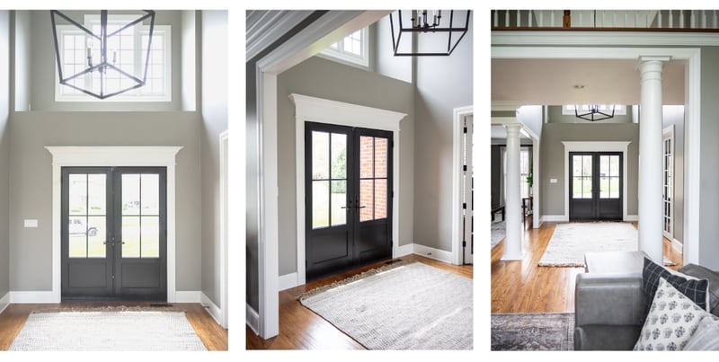 Black front door entrance with window panels in Granger, IN home remodel