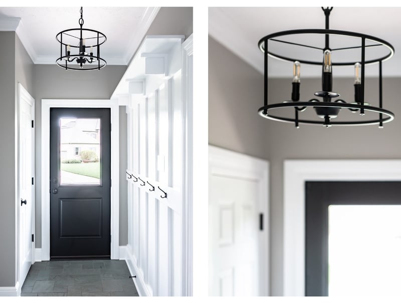 Black pendant light fixture in mudroom entrance in Granger, IN home remodel