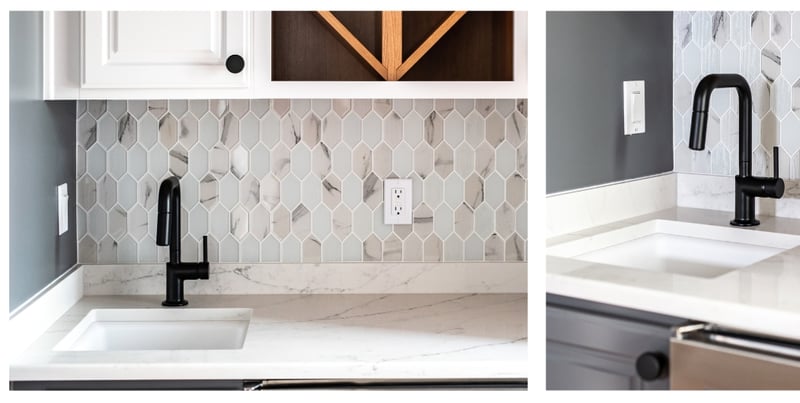 Black sink faucet and elongated hexagon tile by Peacock and Company