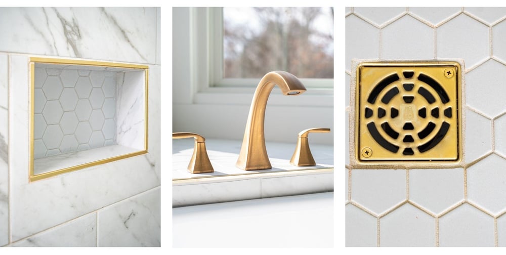 Brass fixtures in South Bend, IN bathroom remodel by Peacock and Company