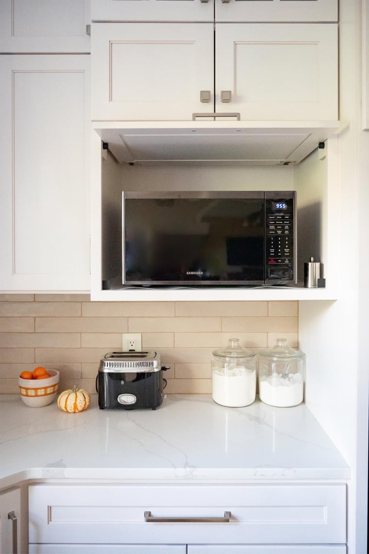 Microwave and toaster on white Indiana kitchen counter with modern cabinets and backsplash