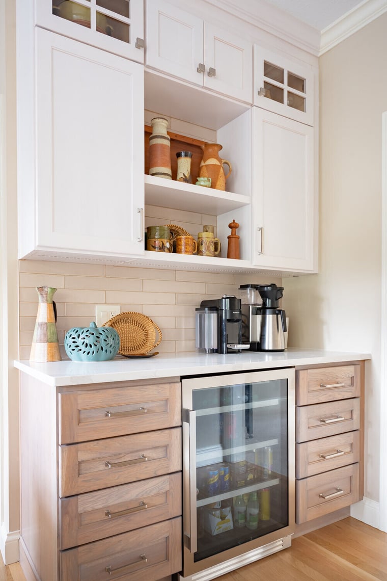 Open-shelving above beverage station in South Bend kitchen remodel by Peacock & Company