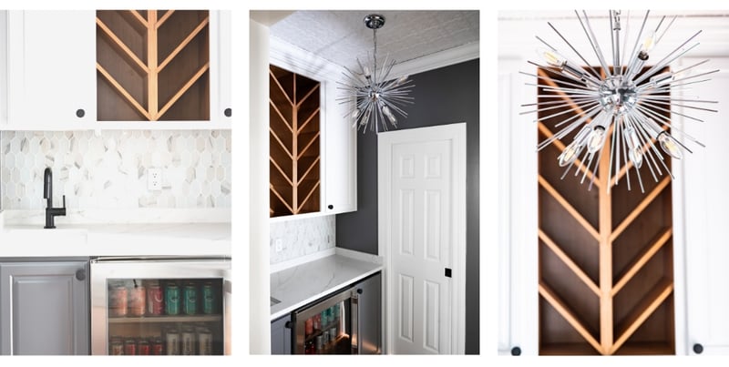 Built-in wine storage and star pendant silver lighting above in Granger, IN remodel