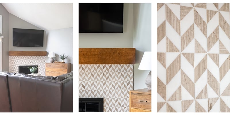 Chevron tile pattern on fireplace update in Granger, Indiana home remodel