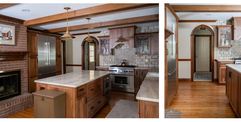 Custom beams in Granger, Indiana kitchen remodel and curved doorway