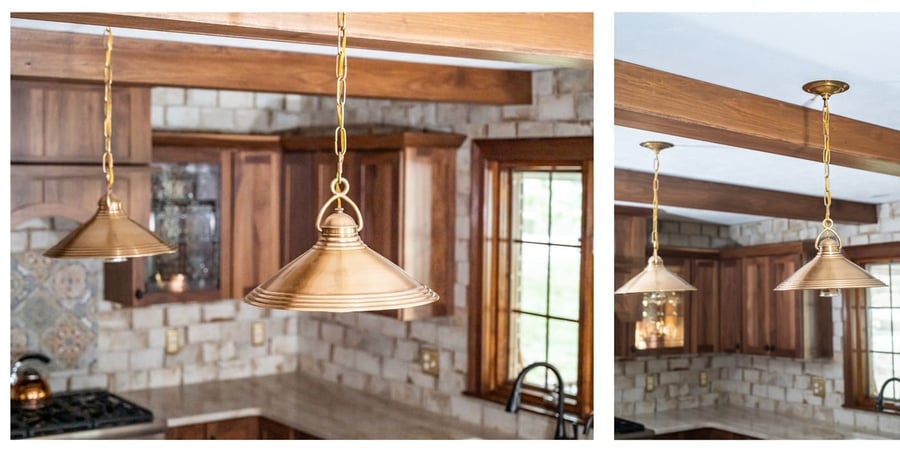 Double brass pendant light fixtures above island in Granger, IN kitchen remodel