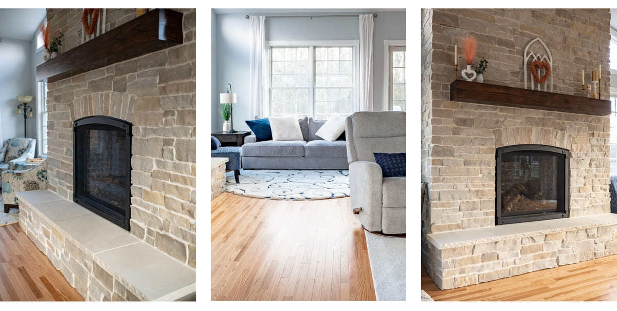Floor-to-ceiling stone fireplace and oak wood flooring in sunroom addition by Peacock & Company