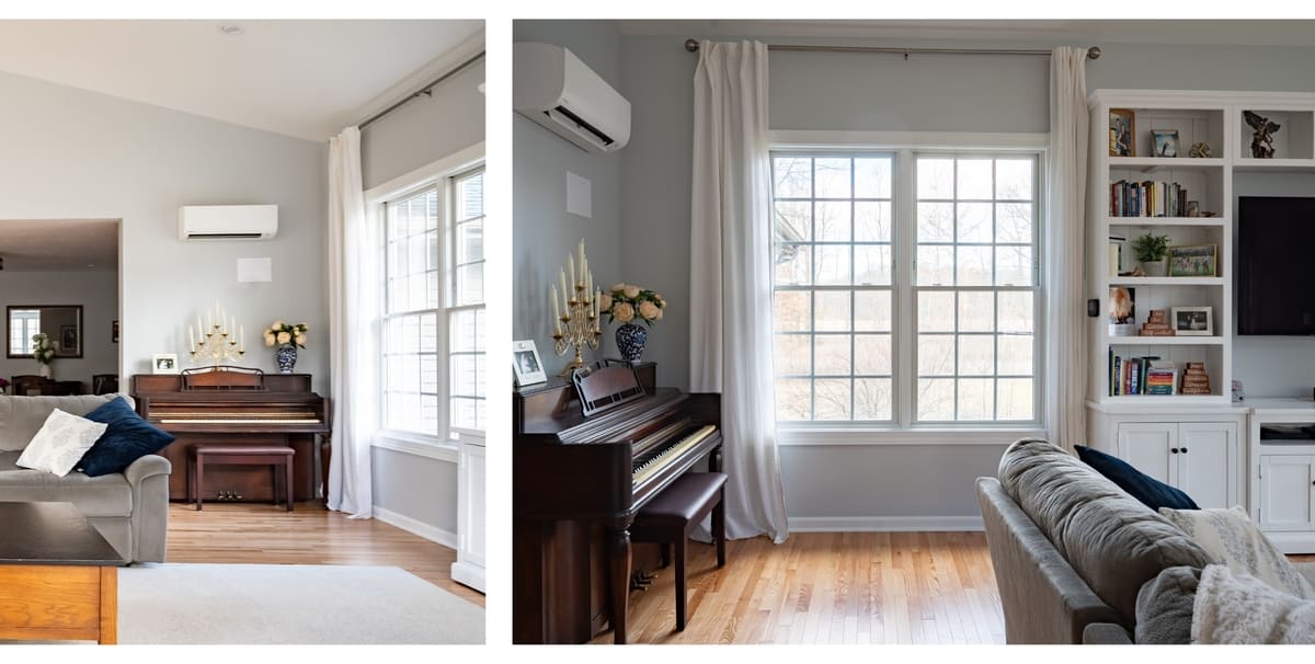 Piano beneath split air conditioning system in Indiana sunroom addition by Peacock & Company