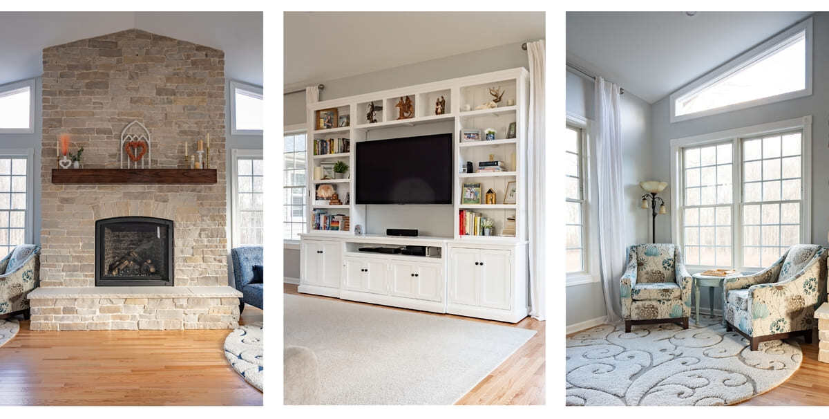 Stone fireplace and built-in cabinetry in Osceola, IN sunroom addition by Peacock & Company