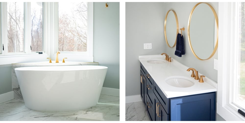 Freestanding tub and sink in South Bend, IN bathroom remodel by Peacock and Company