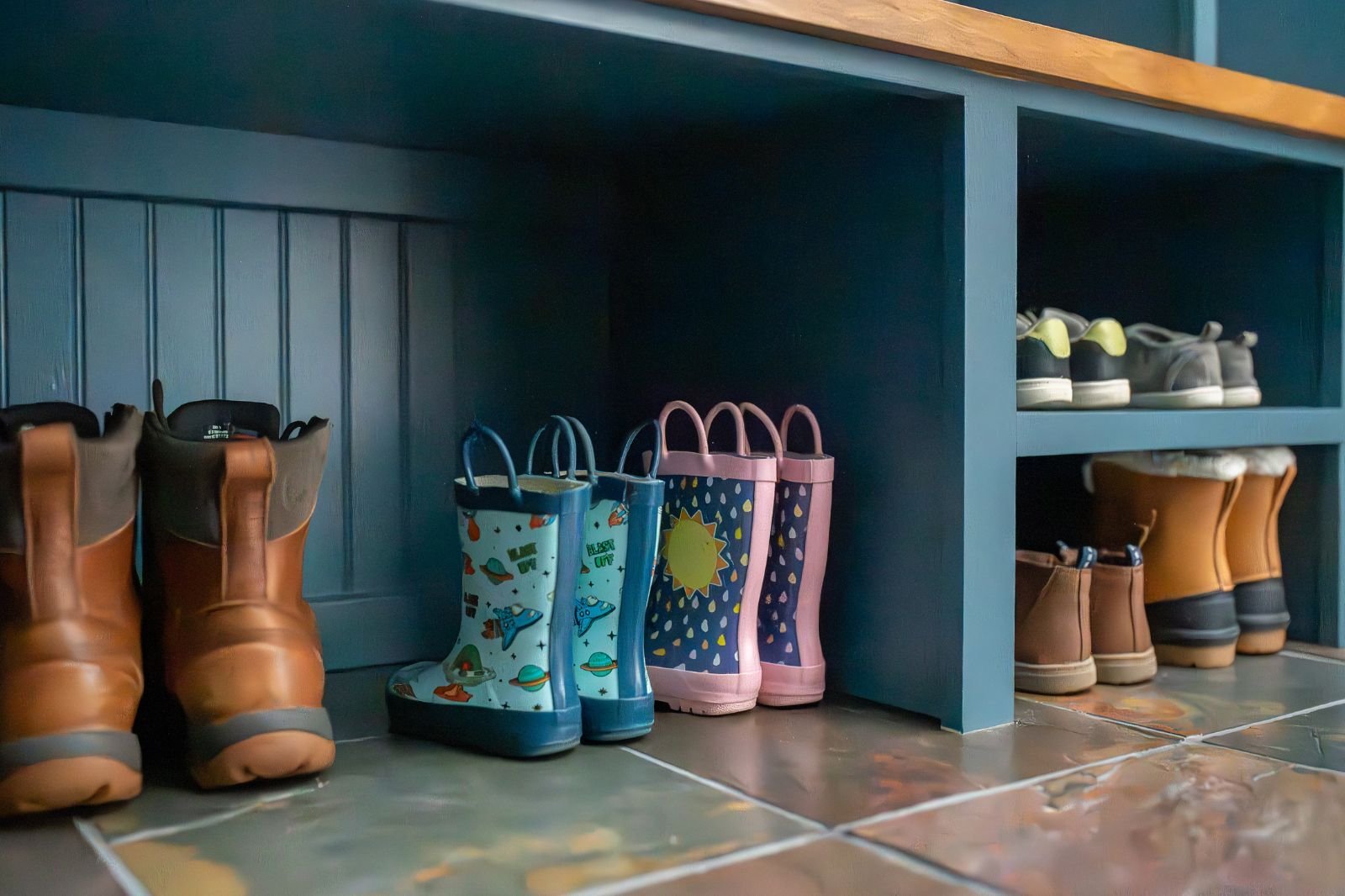 Close-up of blue built-in cubbies with boots and shoes on tile floor located in Granger, IN