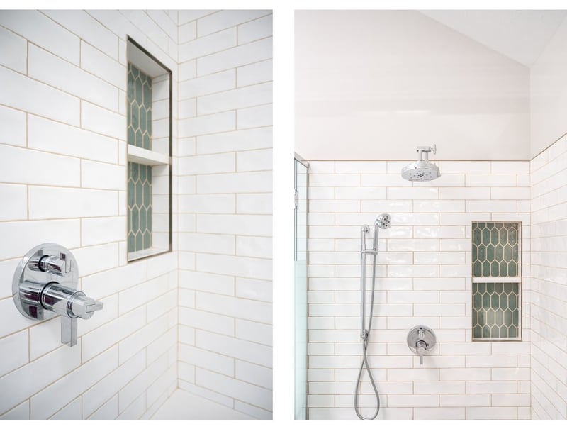 Granger, IN primary luxury bathroom remodel with green accent tiles and inset shelving in walk-in shower