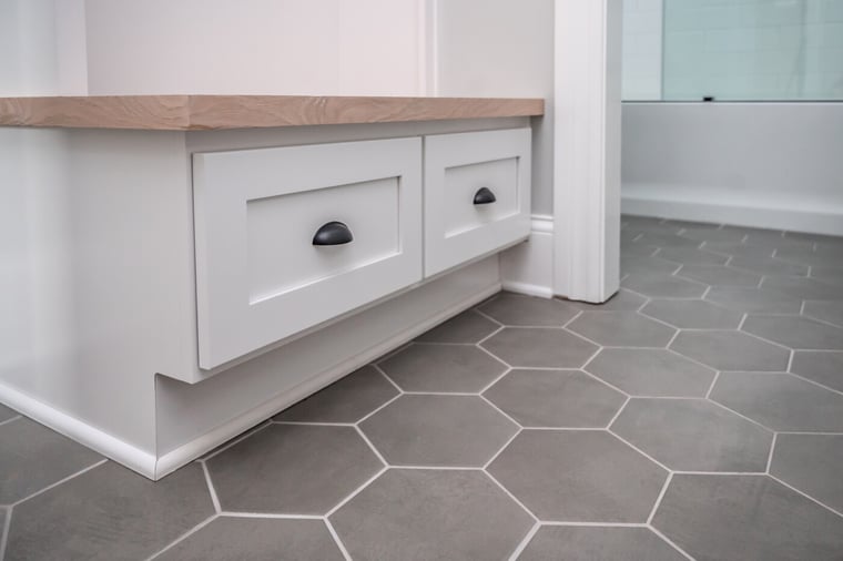 Gray hexagonal floor tile in South Bend, Indiana bathroom remodel