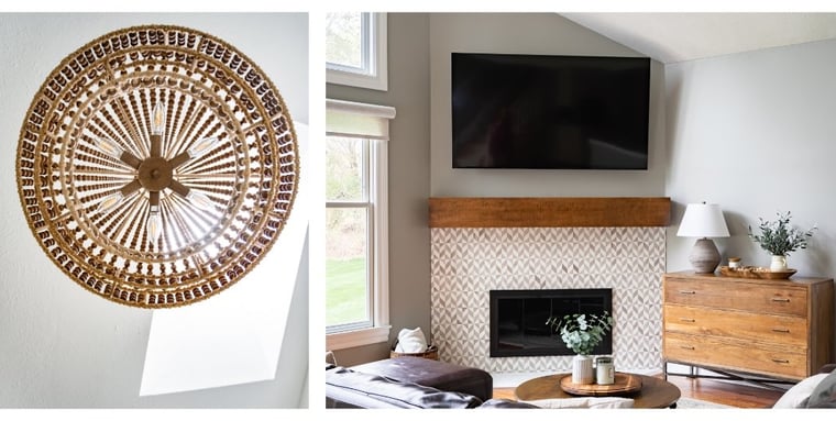 Hanging light fixture and skylight in primary bathroom and mounted TV above fireplace in Granger, IN remodel by Peacock and Company