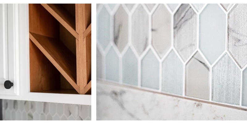 Hexagon tile backsplash detail behind built-in wine storage