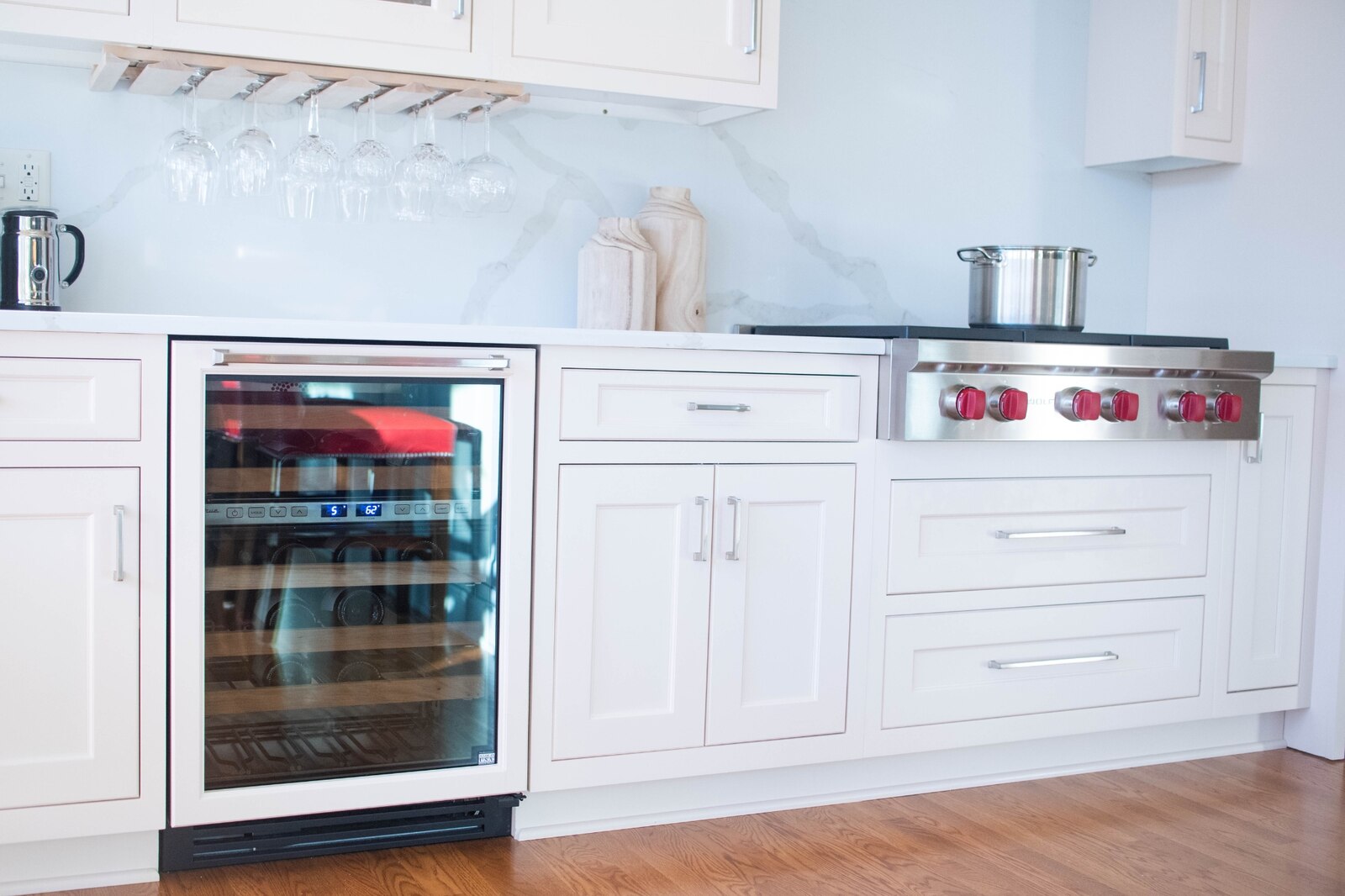 Mini beverage fridge built in cabinets with stainless steel stove
