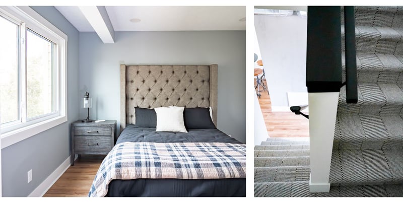 Bedroom with remodeled windows and staircase in South Bend condo remodel