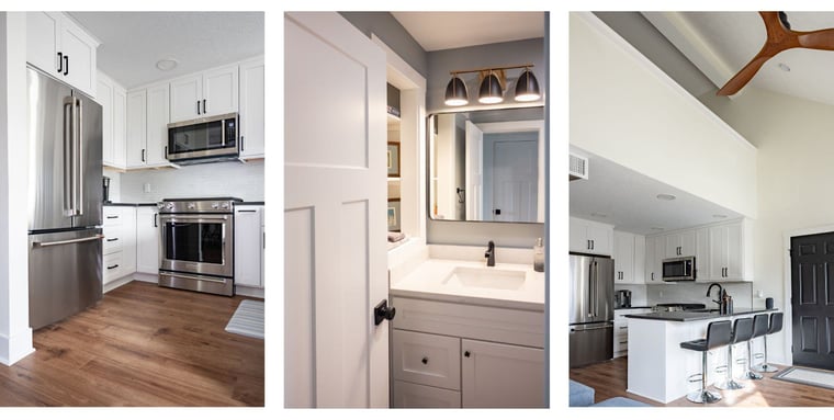 White kitchen and bathroom in condo remodel near South Bend by Peacock & Company