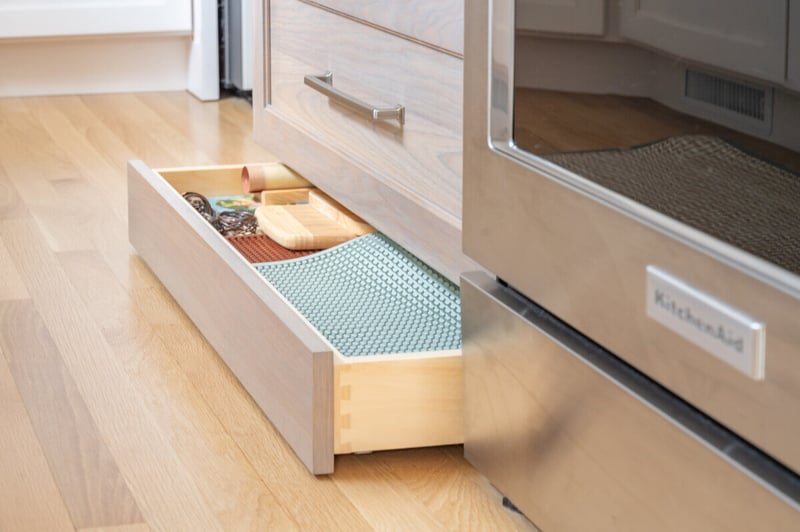 Kick-out cabinets in South Bend kitchen remodel with drawer slides by Peacock & Company