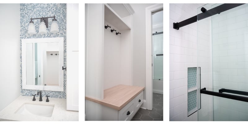 Kids bathroom remodel with blue circle tile backsplash and double vanity with black fixtures in Granger, Indiana