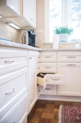 Custom Corner Drawers Built Into Kitchen Remodel With White Shaker Cabinets