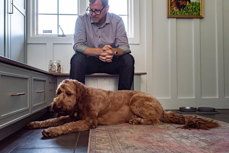 Man and dog sitting in remodeled mudroom with vinyl flooring tile