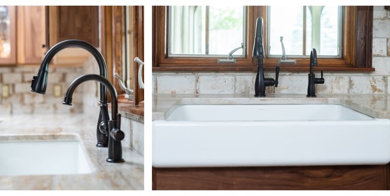Porcelain under mount sink with black soap and faucet fixtures