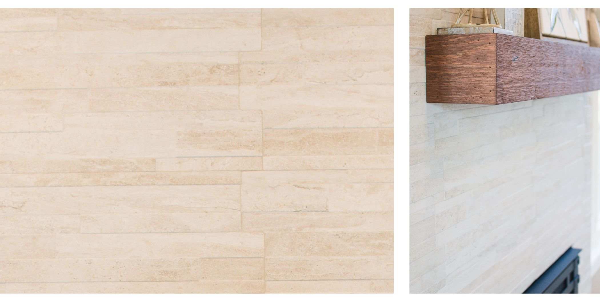 Details of Natural Stone Fireplace Surround With Floating Wooden Mantle Shelf