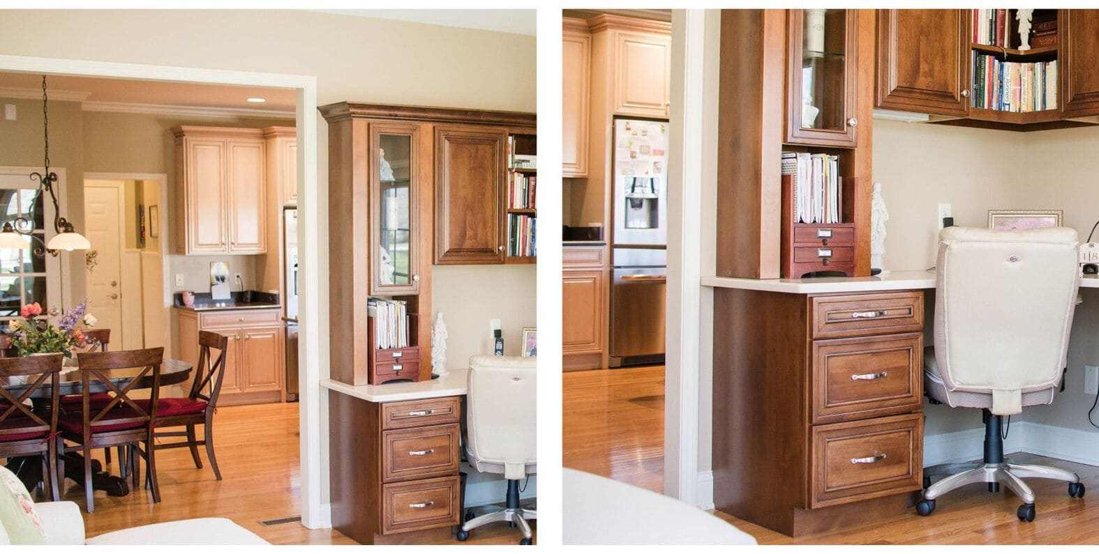 Stained-Wood Corner Custom Desk in Sunroom Addition 