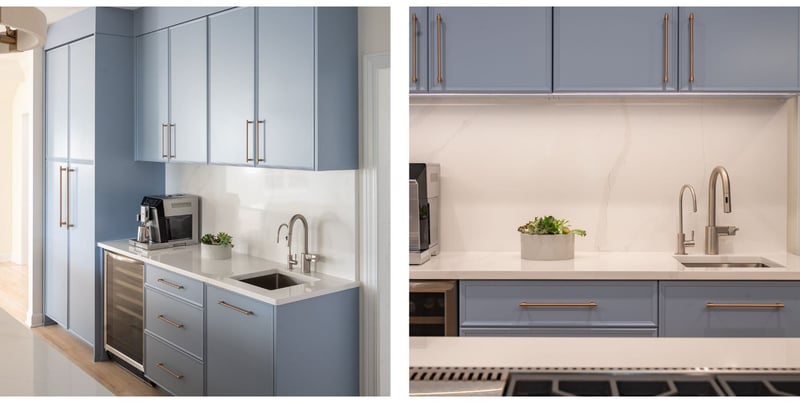 Beverage station in Granger, IN kitchen remodel with blue cabinets by Peacock & Company