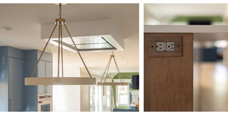 Light pendants and outlet in island in Granger, IN kitchen remodel by Peacock & Company