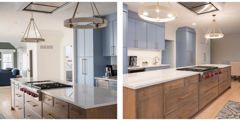 Island beneath pendant lights in blue kitchen remodel in Gronger, IN home remodel by Peacock & Company