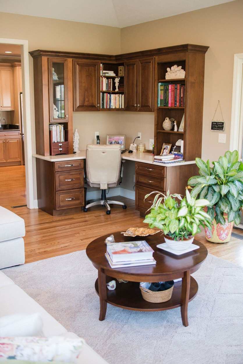Stained-Wood Corner Custom Desk in Sunroom Addition 