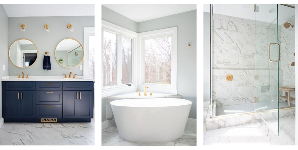 Vanity, freestanding tub, and walk-in shower in South Bend, IN bathroom remodel by Peacock and Company