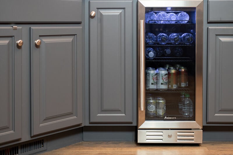 gray lower cabinets with mini fridge