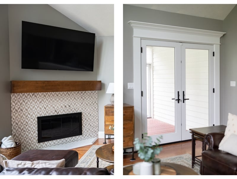 White millwork and doors and chevron pattern fireplace surround in Granger, IN home remodel