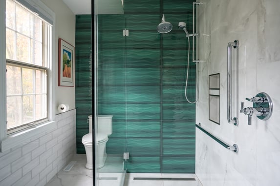 Peacock & Co.- green accent tile wall and barrier free shower in South Bend bathroom remodel