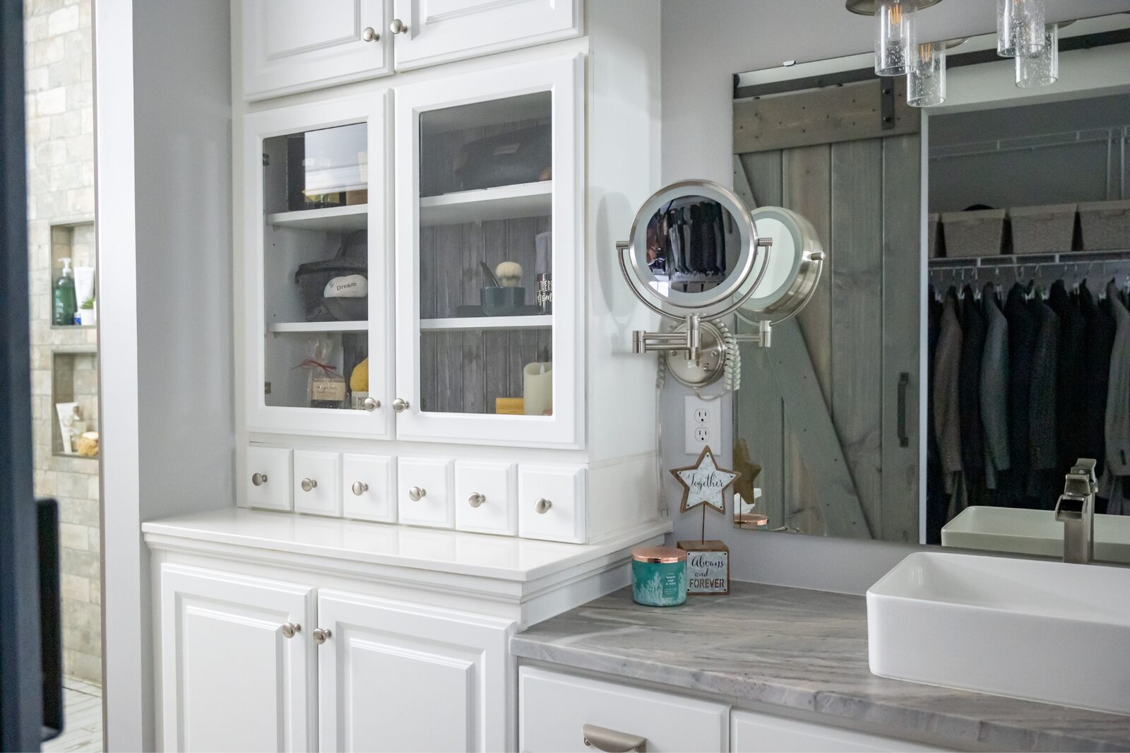 bathroom remodel countertop with white cabinets