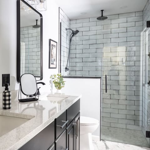 black and white modern bathroom remodel with walk in shower located in Greater Michiana