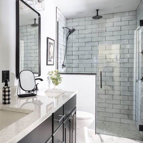 black and white modern bathroom remodel with walk in shower located in Greater Michiana