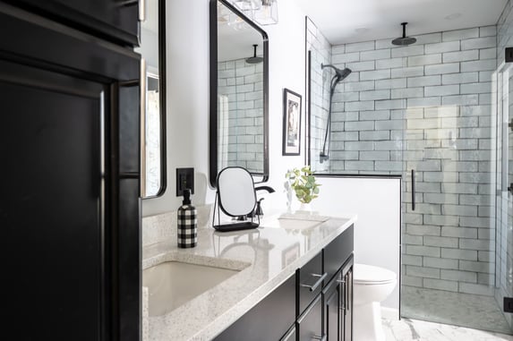 Black and white modern bathroom remodel with walk-in shower