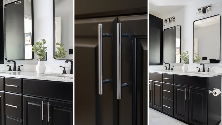 Three images of dark cabinets with his and her sinks 