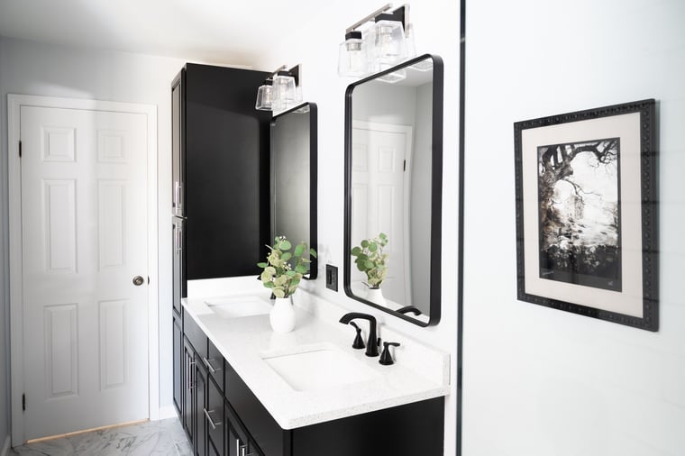 His and her sinks white quartz countertop with dark rich cabinets