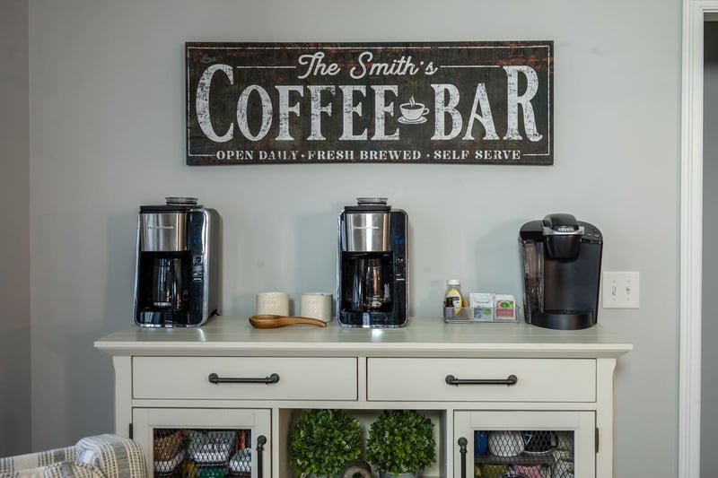 Home coffee bar area with pull-out drawers and cabinets