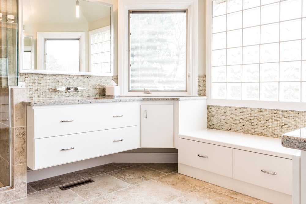 Modern neutral bathroom with floating vanity and windows