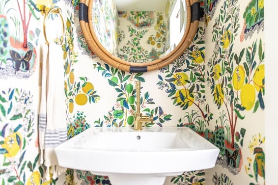 Mudroom bathroom sink and mirror with maximalist walls