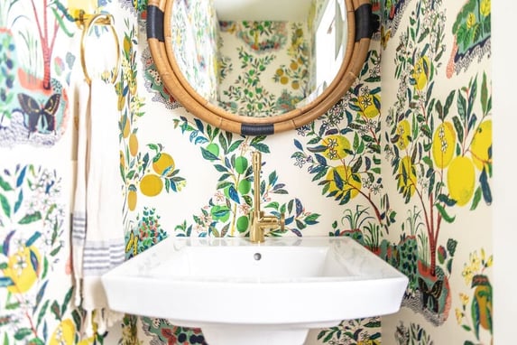 Mudroom bathroom sink and mirror with maximalist walls