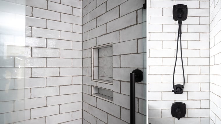 Recessed shower with subway tile and matte black faucets