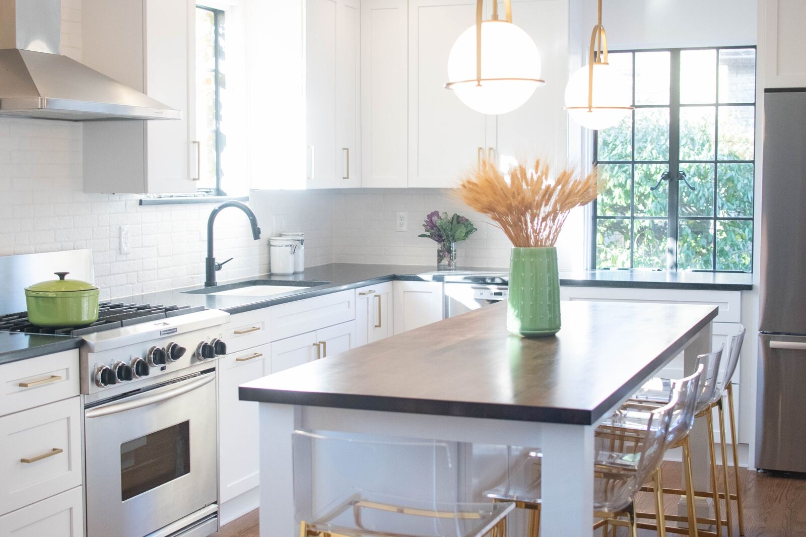wood kitchen island in white and bright kitchen