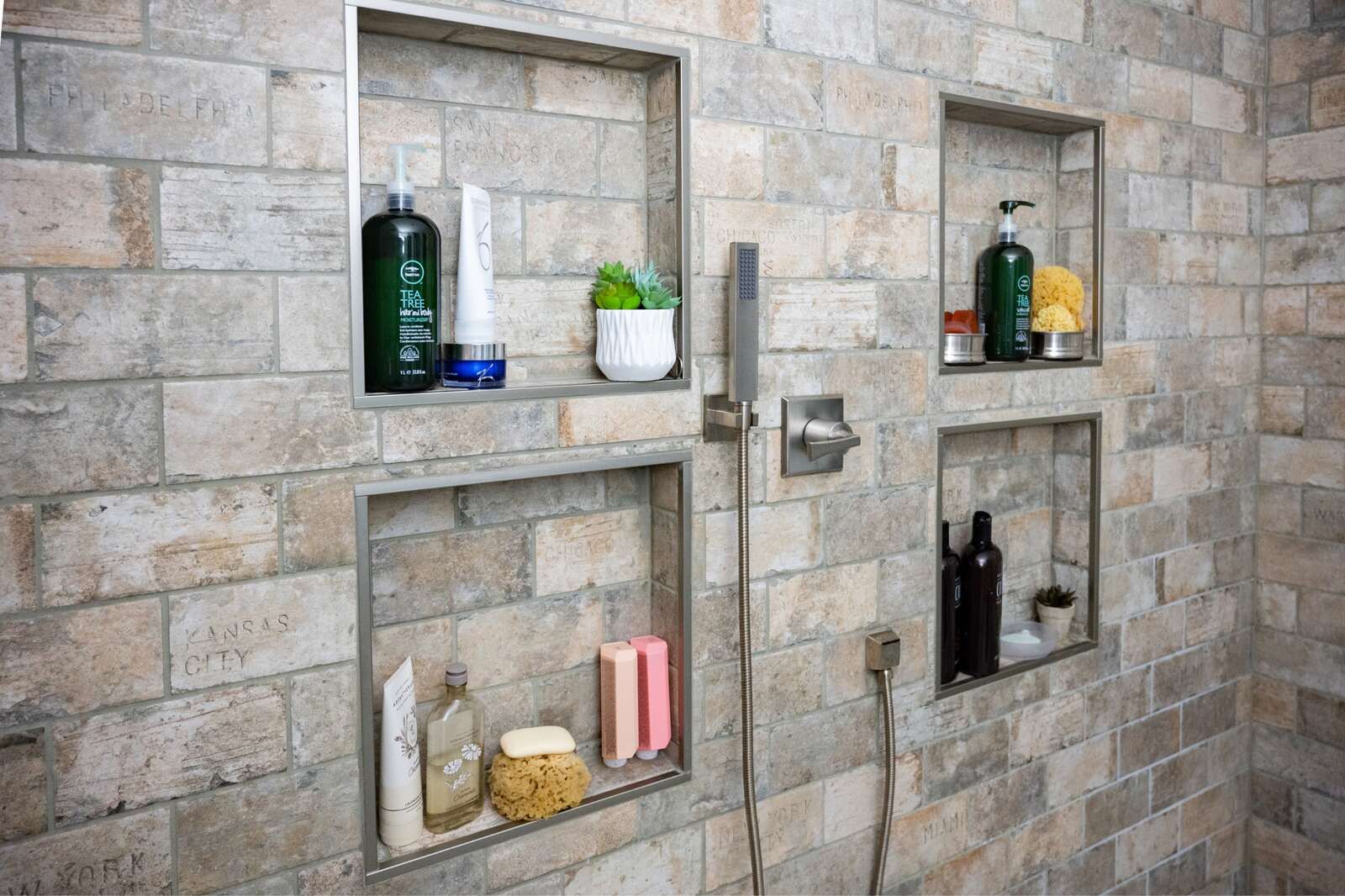 rustic bathroom with stone tiling four niches rustic bathroom with stone tiling four niches
